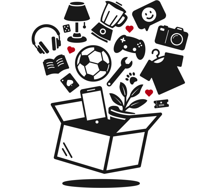 Zeichnung eines Kartons, in dem viele Alltagsgegenstände enthalten sind